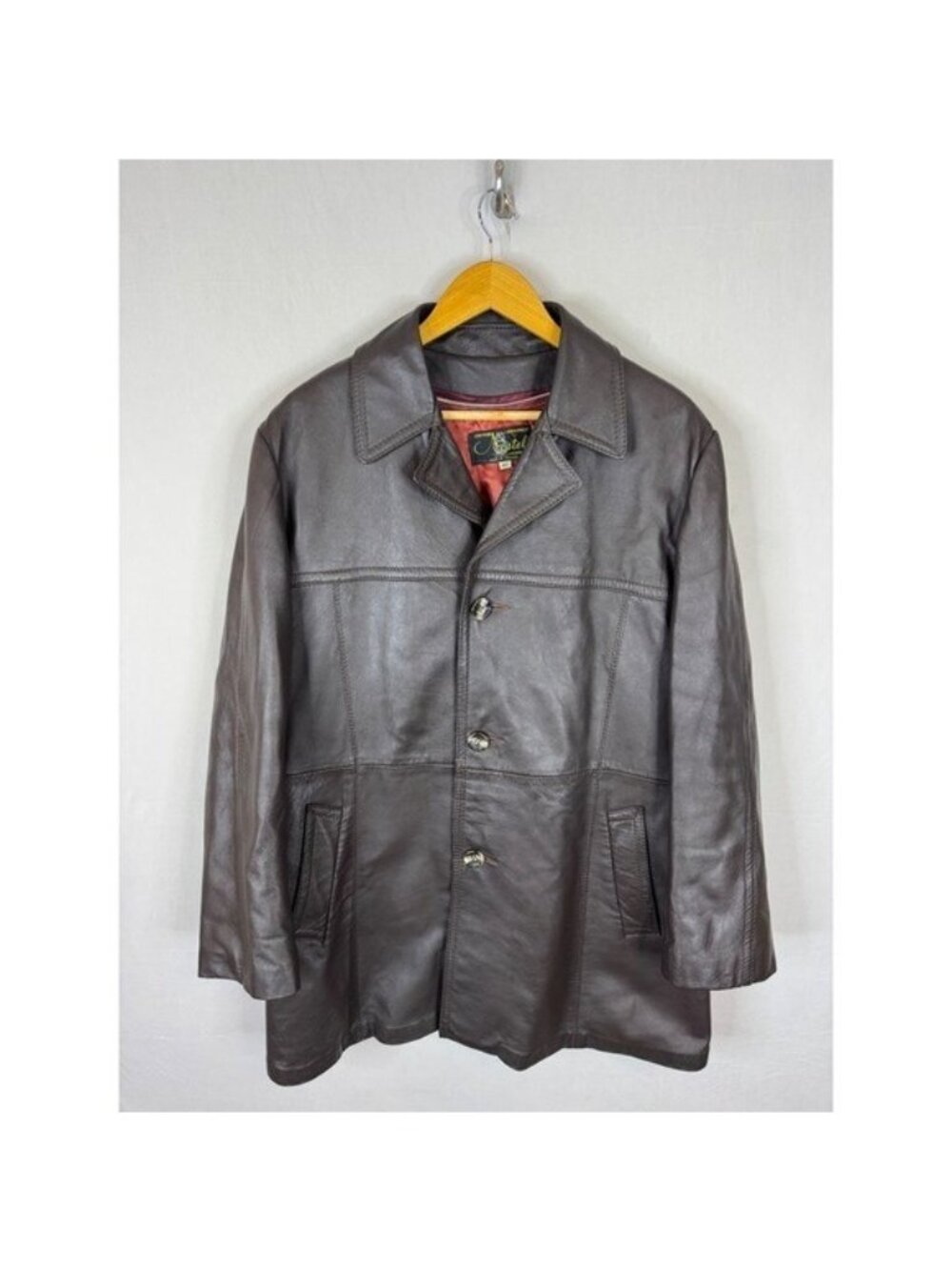 Vintage Nestels of Canada Brown Leather Car Coat Jacket Plaid Zip Out Liner 46